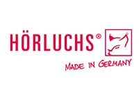 Das HÖRLUCHS Logo mit roter Schrift und stilisiertem Luchs im Quadrat auf weißem Grund