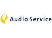 Logo von Audio Service mit gelbem Symbol links und blauem Schriftzug auf weißem Hintergrund
