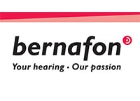 Das Bernafon Logo mit schwarzer Schrift auf weißem Hintergrund und rotem Akzent