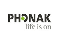 PHONAK Logo in Schwarz mit grünem Kreis im O und dem Slogan life is on in Grau