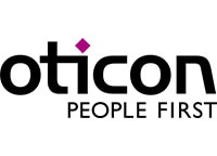 Oticon Logo mit schwarzer Schrift und kleinem lila Quadrat als Akzent über dem i